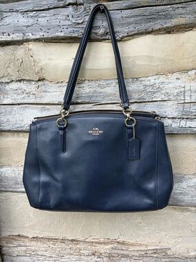 Coach Outlet Navy Leather Shoulder Bag with Gold Hardware